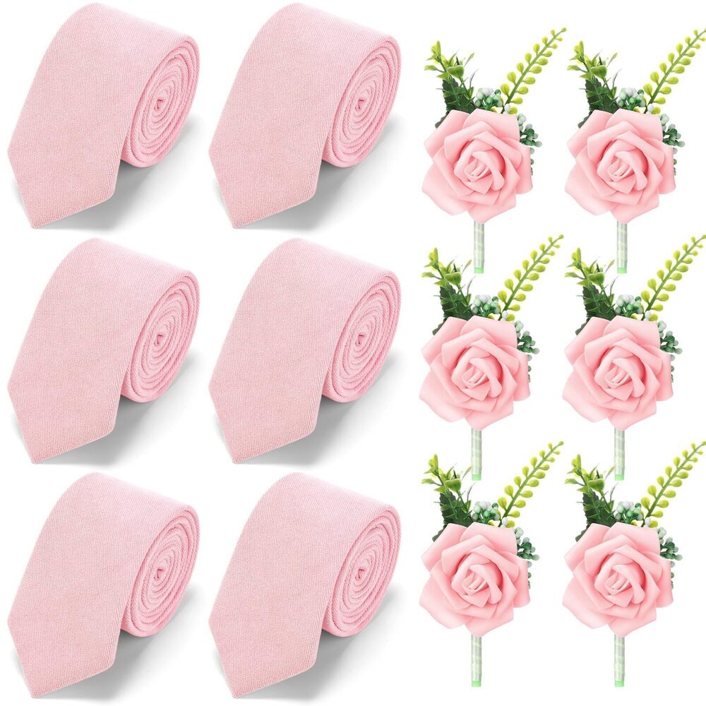 6909 12 Pcs Groom Ties and Boutonnieres Wedding, 6 Ties and 6 Boutonniere